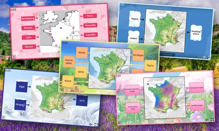 Francuska - slijepe karte: rijeke, nizine, gradovi, planine ... 7. razred, geografija