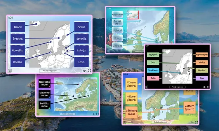 Sjeverna Europa - slijepe karte: države, glavni gradovi, jezera, otoci ... 7. razred, geografija
